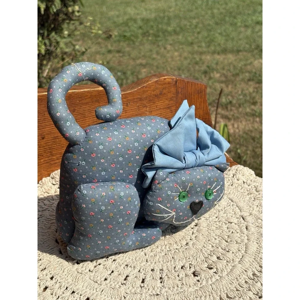 Vintage Handmade Blue Floral Fabric Cat Figure Pillow Cushion 8